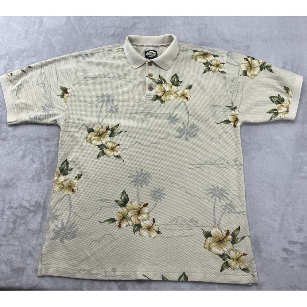 Vtg Tommy Bahama Polo Shirt Men Medium Cream Floral Print Stretch Hong Kong